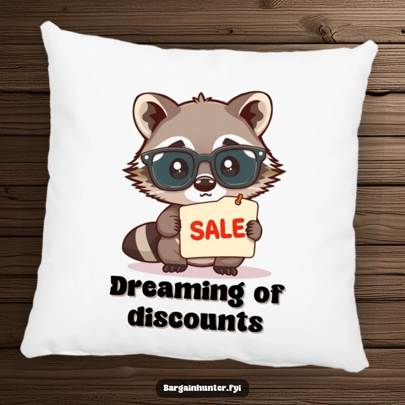 Funny, cute raccoon wearing large spectacles, peering intently at a sale tag, printed on a plush pillow, creating a humorous and cozy accent.