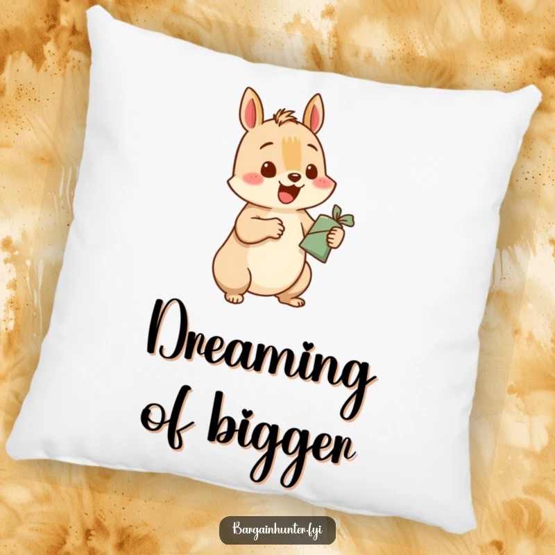 Funny squirrel pillow featuring a happy squirrel character excitedly exchanging a small item for a larger one, bringing comfort and amusement.