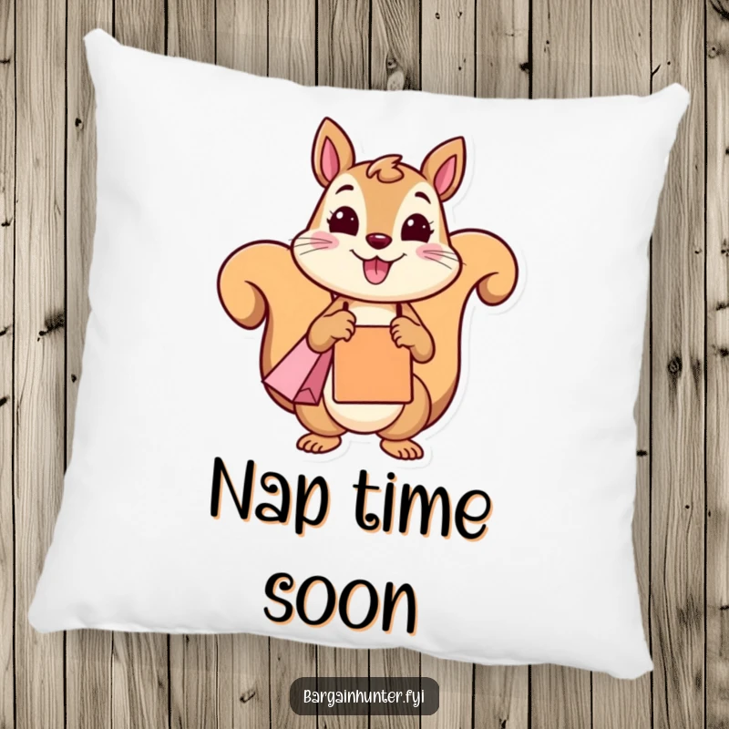 A plush pillow featuring a smiling, funny squirrel with a shopping bag, perfect for funny decor.