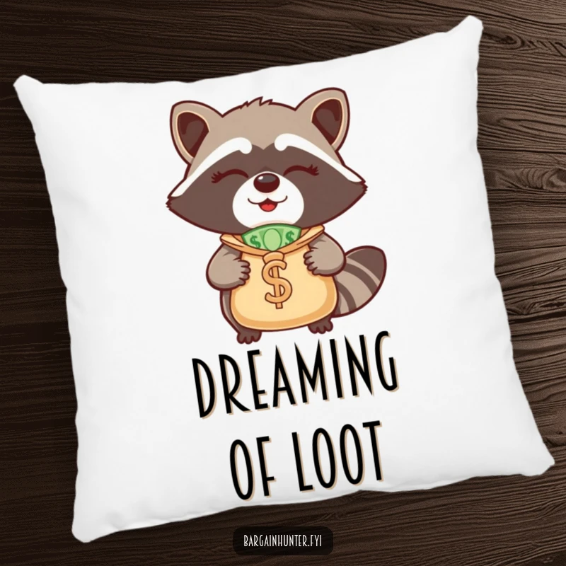 Funny Raccoon Pillow: A winking raccoon holding a money bag, offering comfort and a humorous touch to any living space.