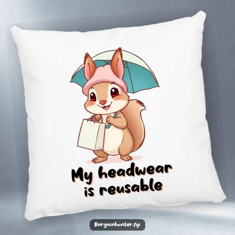 Funny squirrel ready for a shopping trip, complete with a bag-hat and umbrella, bringing comfort and humor.
