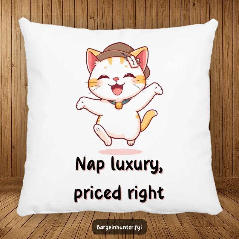 Funny pillow decor featuring a delighted cat wearing a price tag hat, in a funny leaping stance.
