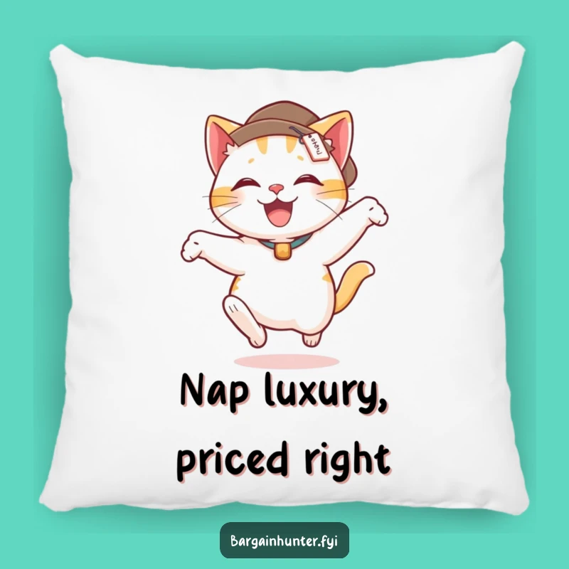 Funny Cat Leap Pillow: Delighted Feline in Hat with Price Tag - Cozy Comfort