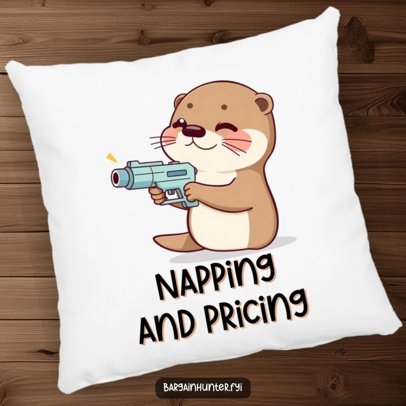 Funny giggling otter pillow with a price gun, aiming it playfully, perfect for cozy relaxation and shopping dreams.