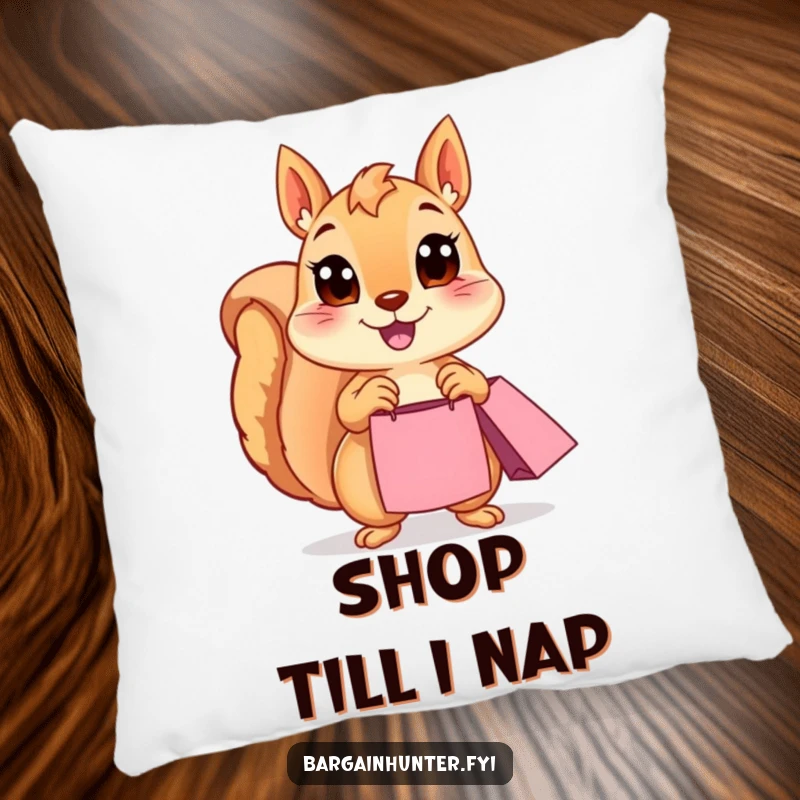Funny Squirrel Pillow: A delighted squirrel with wide eyes clutches a shopping bag, bringing cozy humor. Soft and amusing decorative accent pillow.