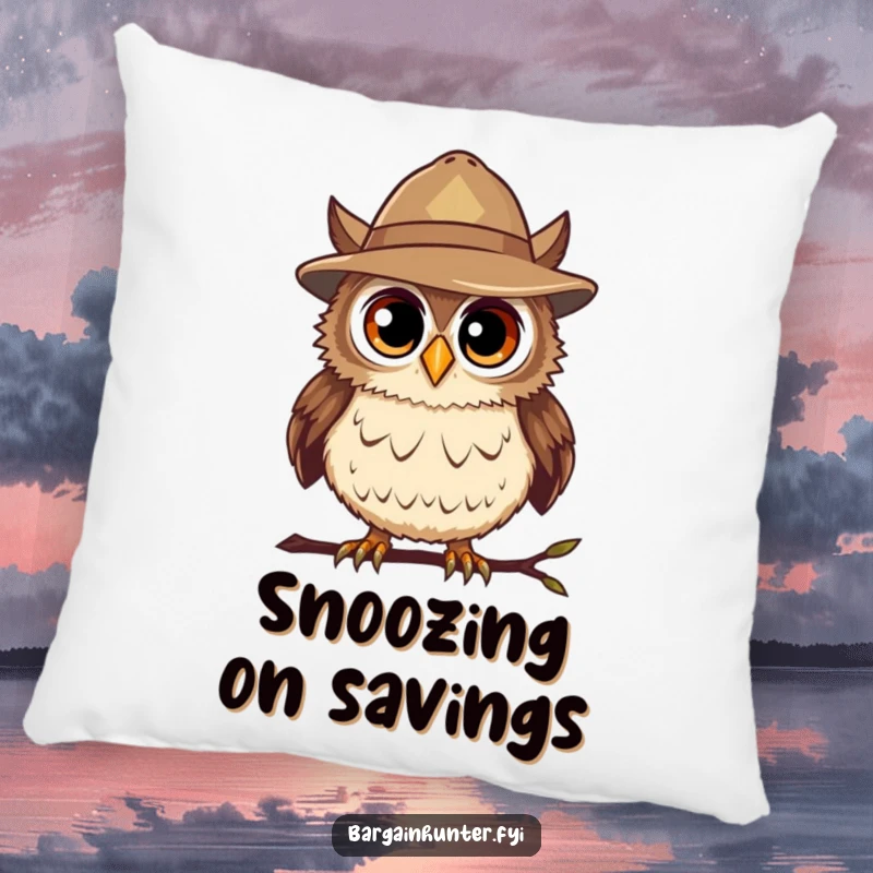 Funny Bargain Hunter Owl Pillow featuring a curious owl in a hat, offering comfort and humorous deal-spotting vibes.