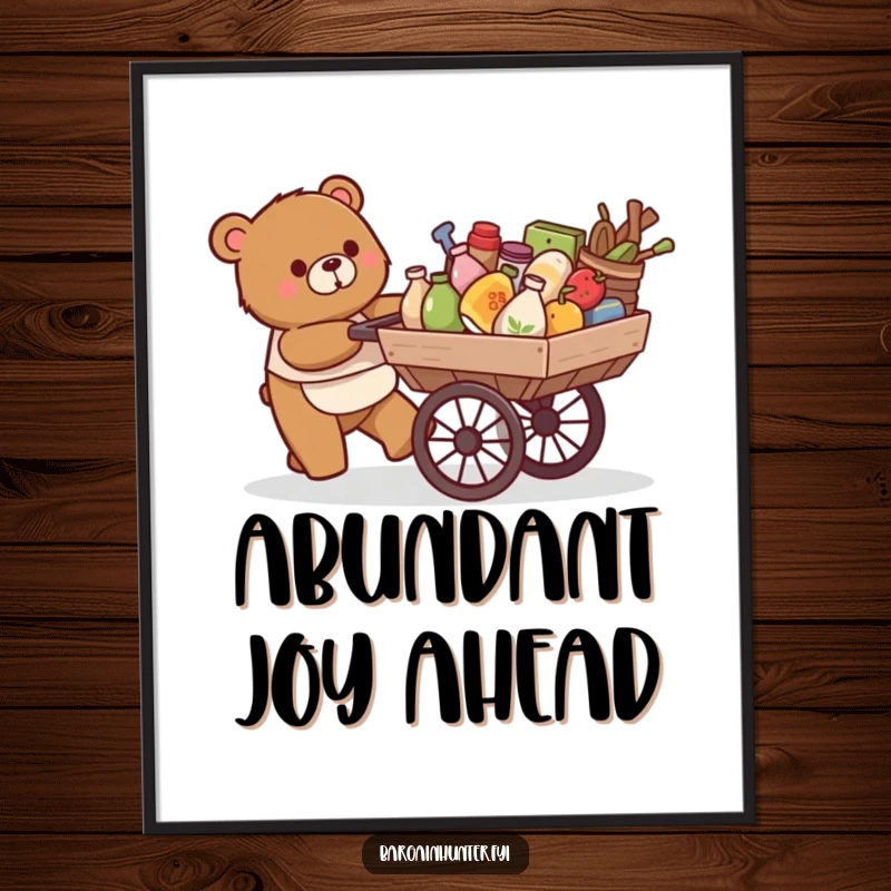 Funny digital art: a happy bear pushes a cart overflowing with goods with great contentment.