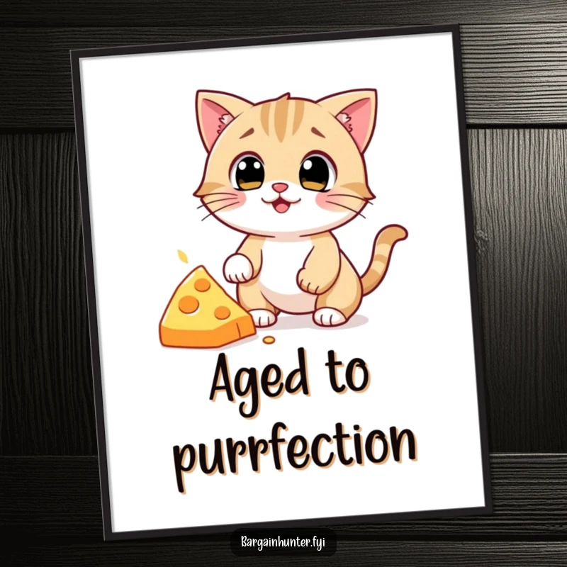 Funny Cat Digital Art Print: High-resolution artwork of a wide-eyed cat character humorously attempting to steal a piece of cheese.