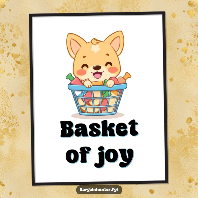 Funny digital art print of a smiling dog with a shopping basket overflowing with dog treats.