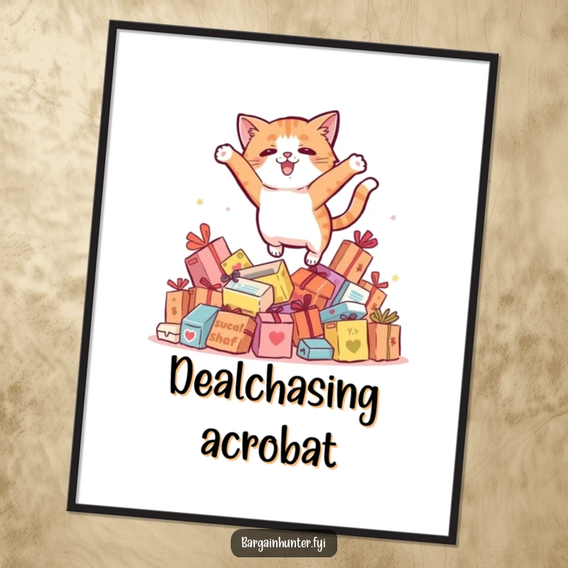 Funny cat leaping over discounted items, a dynamic digital artwork full of energy and humor.