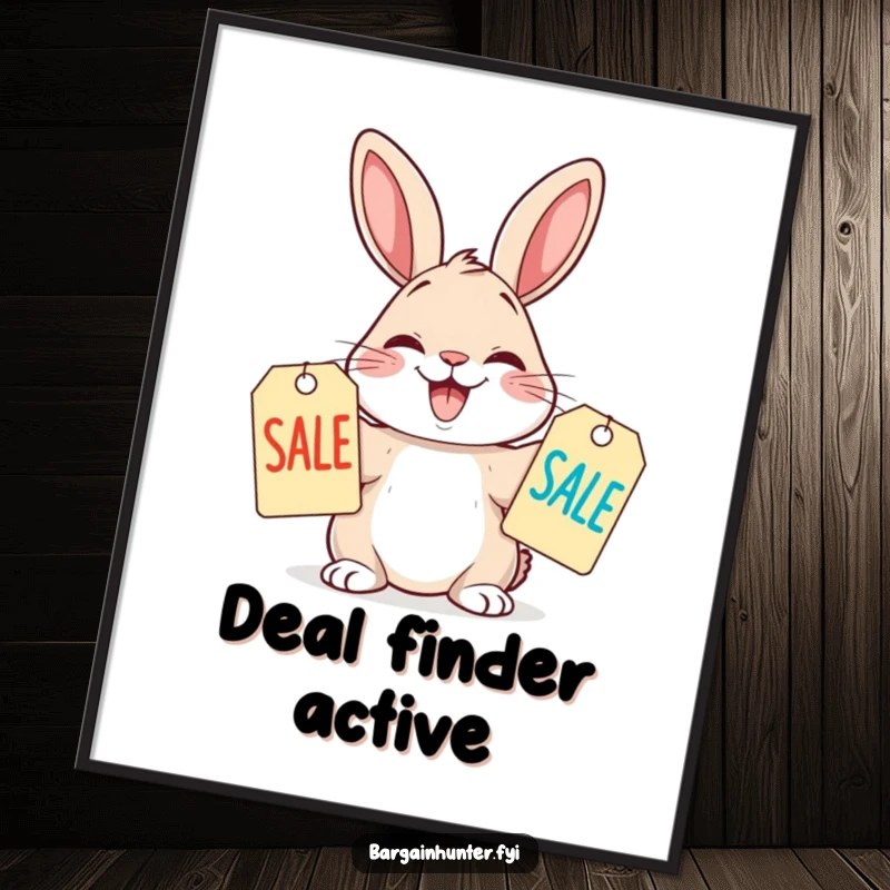 Funny Digital Art Print of a rabbit comparing sale tags, capturing the thrill of a great bargain deal.