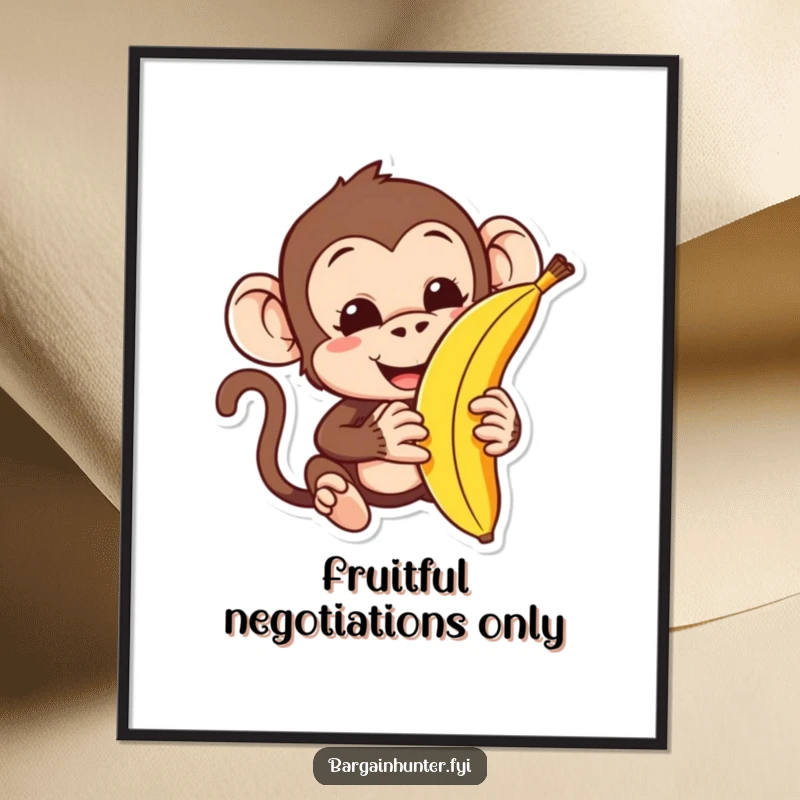 Funny monkey digital art print of a character attempting to haggle for a banana, ready for instant wall decoration.