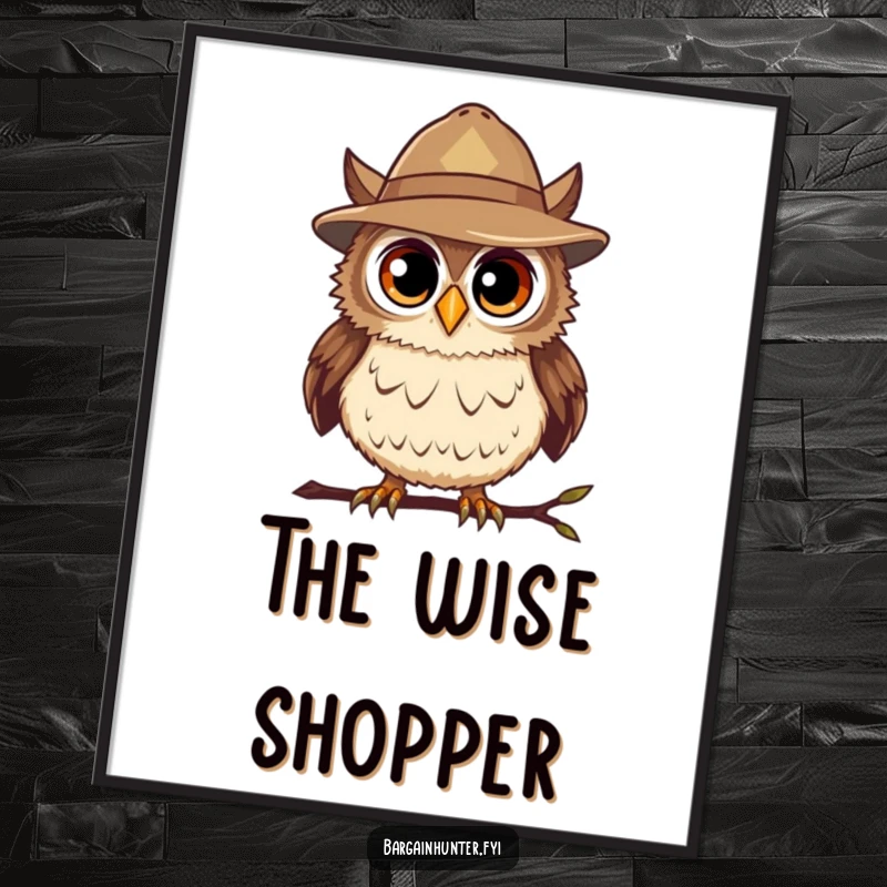 Funny Bargain Hunter Owl Digital Art Print of a curious owl in a hat, spotting deals with instant humorous appeal.