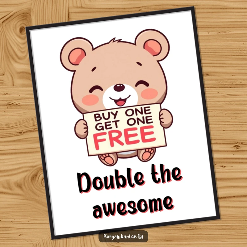 Funny Bear BOGO Digital Art: A smiling bear holds a buy one get one free sign, bringing instant humor to any room.