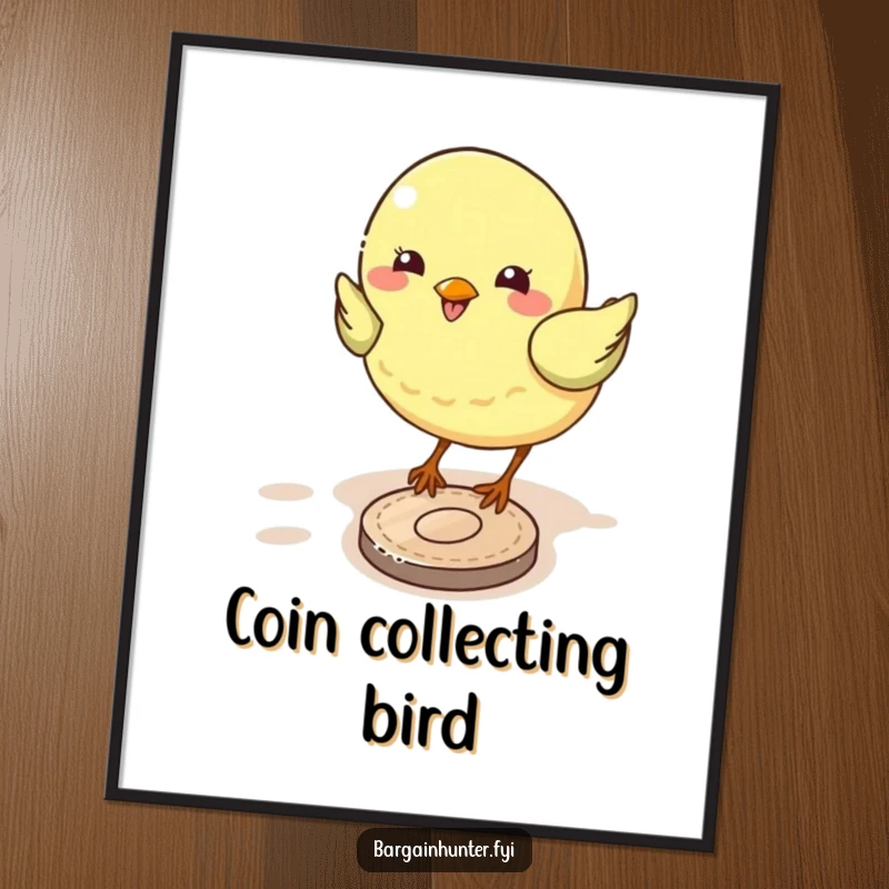 Funny bird digital art print of a small bird eagerly pecking at a shiny coin, ready to be printed and framed.