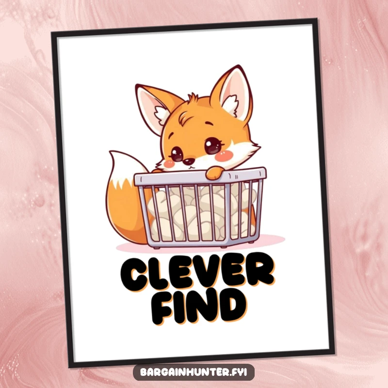 A funny fox character curiously peering into a bargain bin, available as a downloadable and funny digital art print.