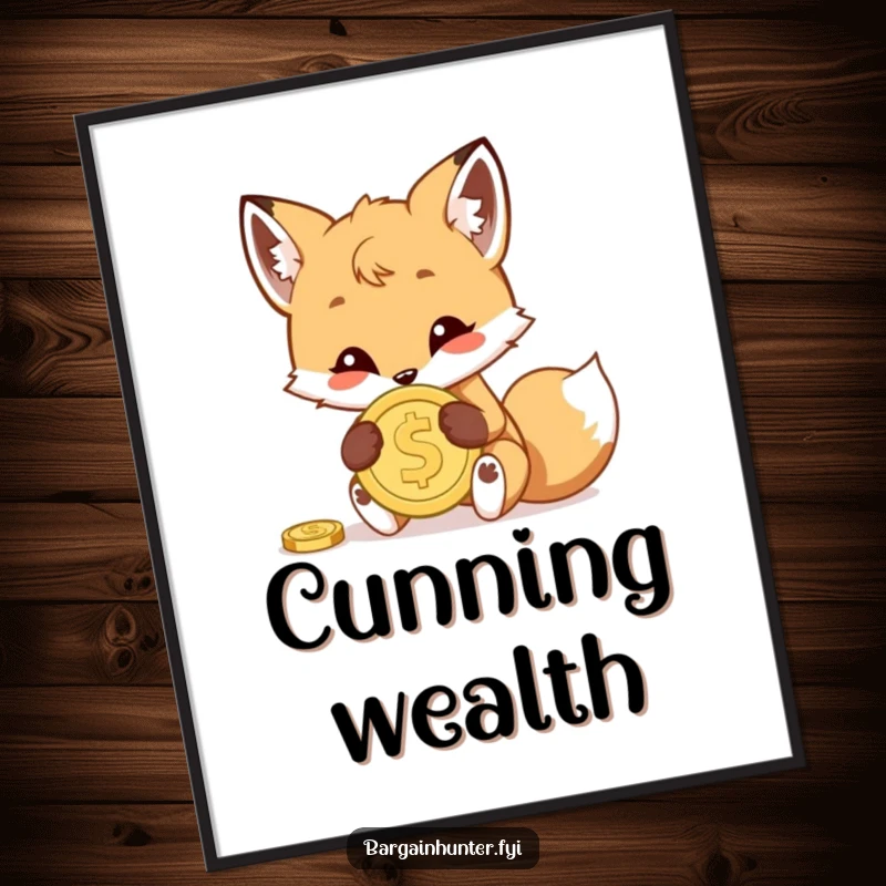 Funny digital art of a cunning fox cub concealing a shiny coin, depicting playful mischief and hidden treasures for any digital display.