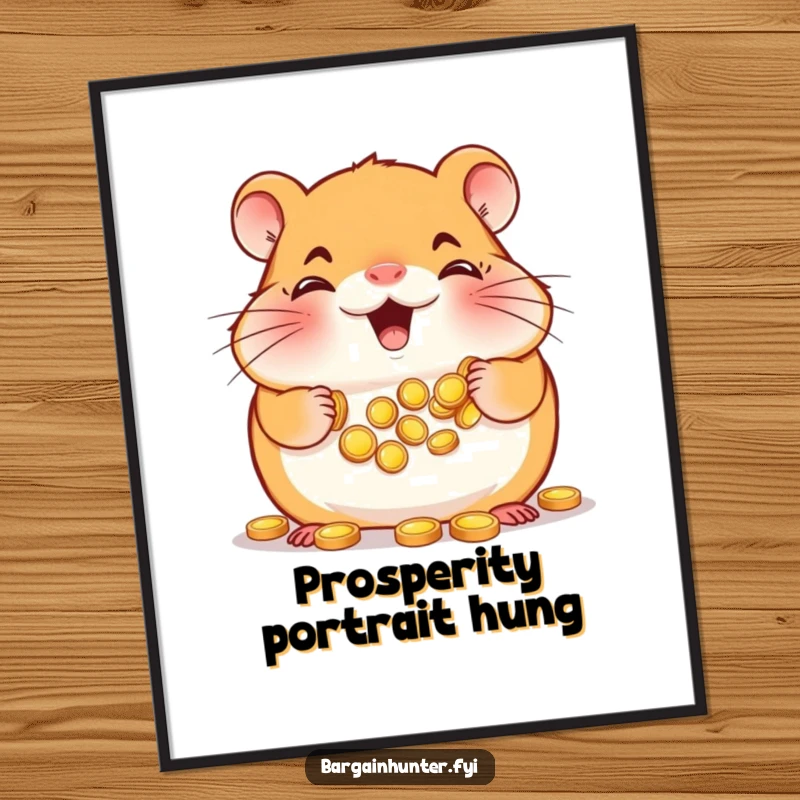 Funny Hamster Digital Art Print: Happy hamster with full cheeks, gathering tiny gold coins, high-res for motivational decor.