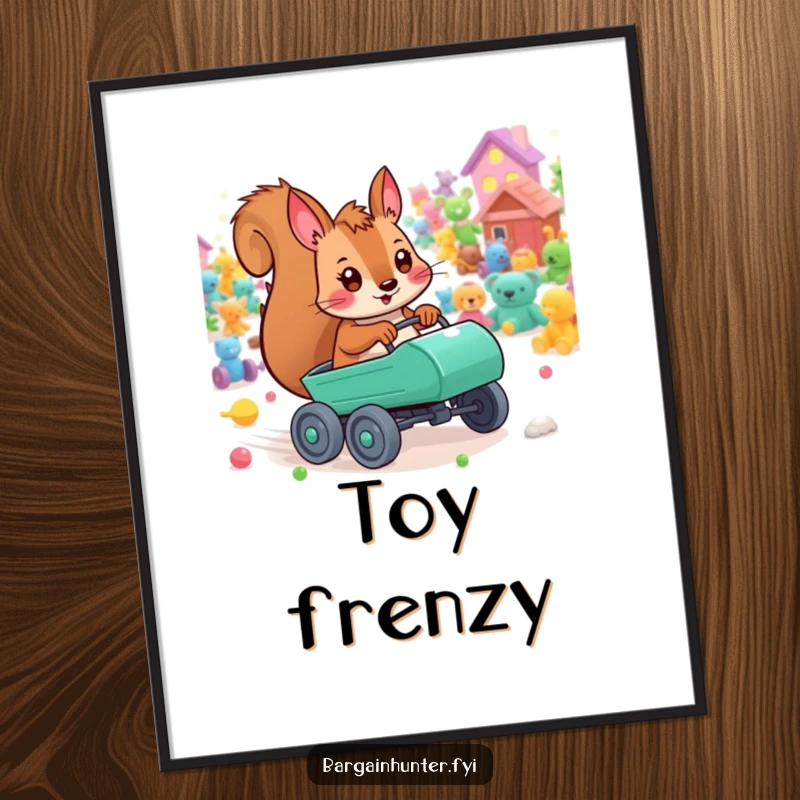 Funny playful squirrel digital art print showing a character with a tiny cart racing through a field of colorful toys, full of life.