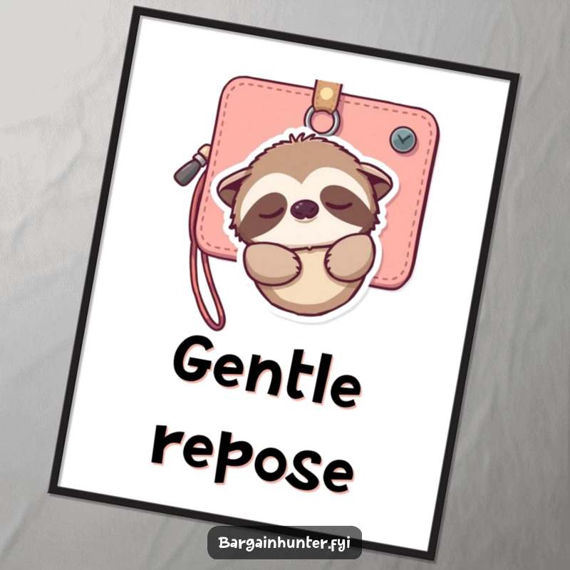 Funny digital art of a tranquil sloth hanging from a wallet, smiling gently, depicting peaceful relaxation and gentle humor for any digital display.