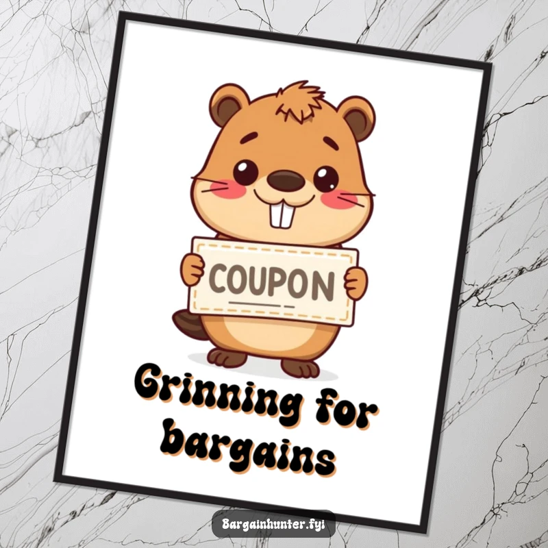 Funny digital art print of a happy beaver holding a coupon with a grin, offering instant humorous decoration.