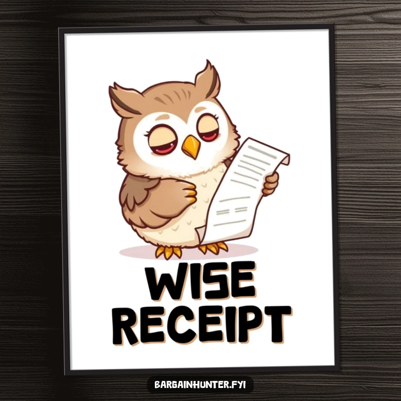 Funny digital art print of a wise owl character examining a shopping receipt with a knowing expression, offering smart humor for instant download.