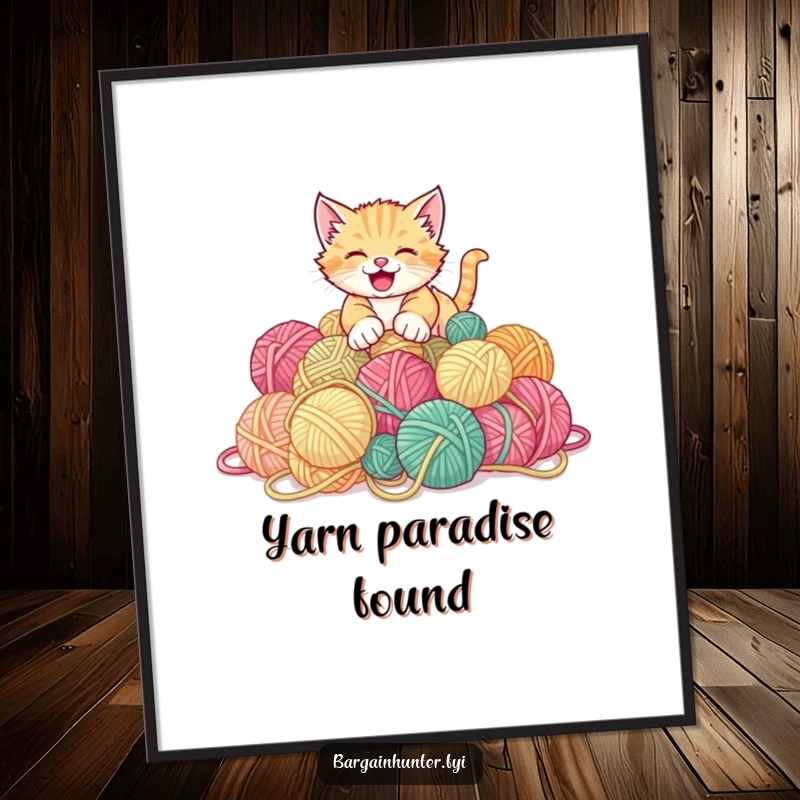 Funny digital art print of a gleeful kitten pouncing on a large pile of discounted yarn balls.