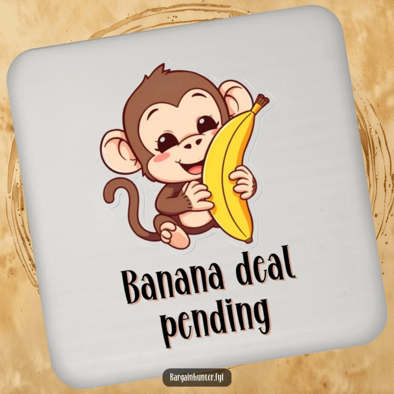 Funny monkey coaster with a character attempting to haggle for a banana, adding humorous protection to tabletops.
