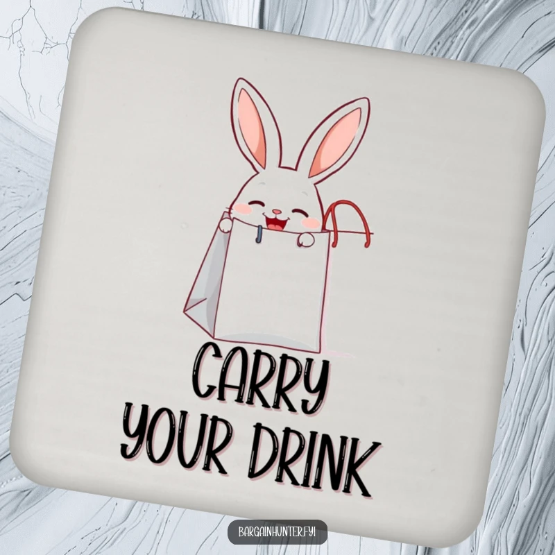 Funny joyful rabbit peeking out from a giant shopping bag, a protective coaster with a cute design.