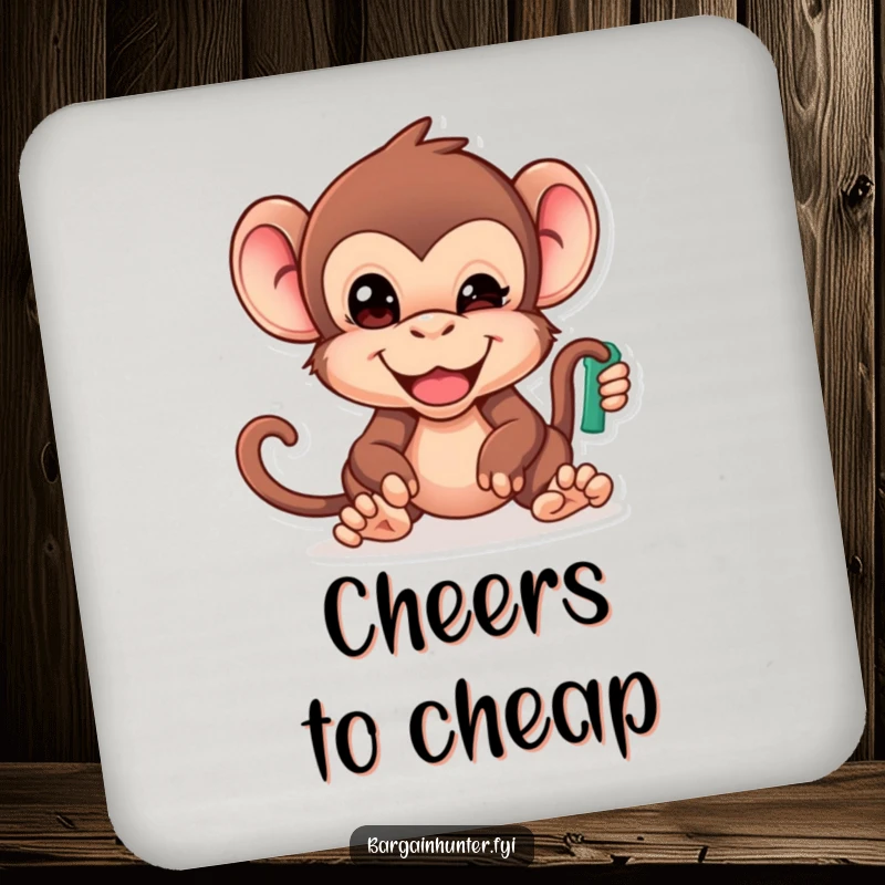 Funny Monkey Coaster: Cheeky primate with determined face reaching for the lowest priced item, protecting surfaces with humor.