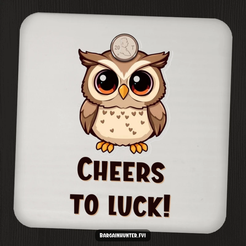 Funny surprised owl with big eyes finding a penny on a drink coaster, protecting tables with whimsical owl humor, set of four.