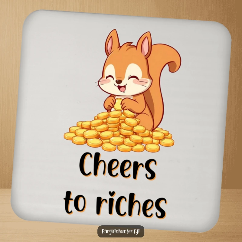 Funny coaster set featuring an excited squirrel character counting shiny coins, a humorous and practical addition.
