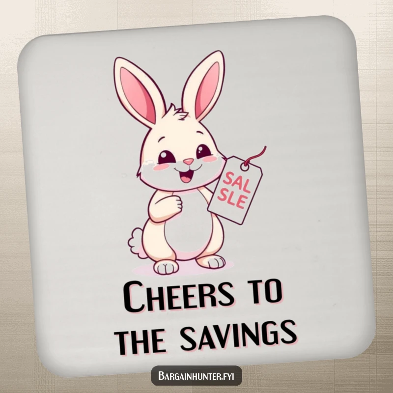 Funny Rabbit Drink Coaster: A cheerful rabbit inspects a sale tag with glee. Humorous and functional coaster for drink protection.