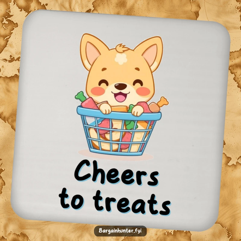Funny coaster featuring a smiling dog with a shopping basket overflowing with dog treats.