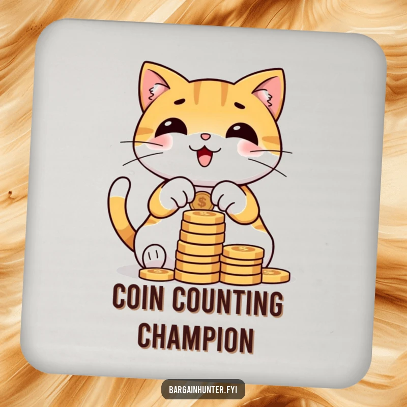 Funny cat coaster with a smiling character counting a stack of coins, adding humorous protection to tabletops.