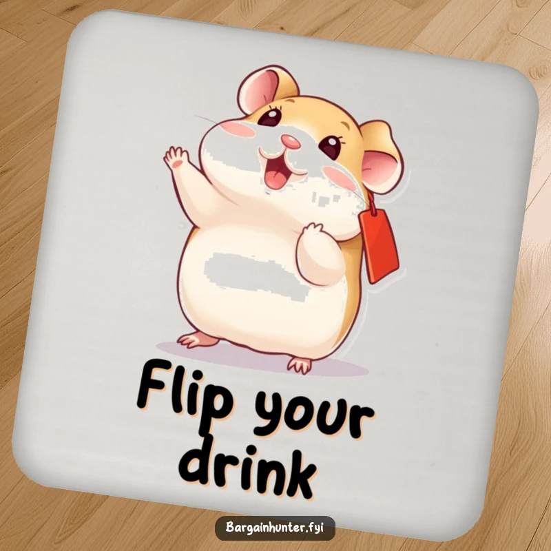 Funny playful hamster with a red ear tag, doing a dynamic flip, a protective coaster with a playful design.