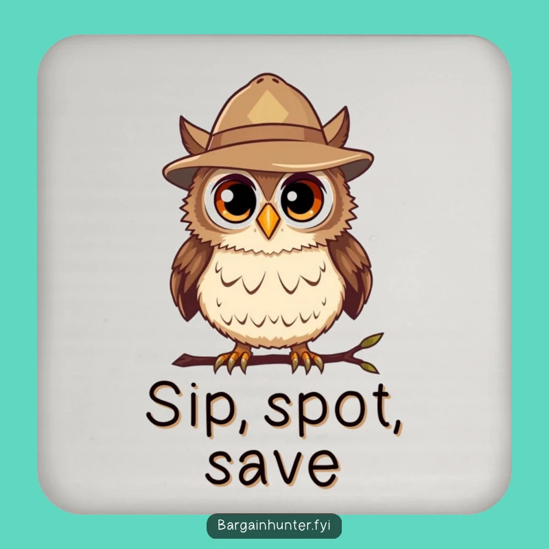 Funny Bargain Hunter Owl Coaster: Deal Spotting Protection, Humorous Table Gift