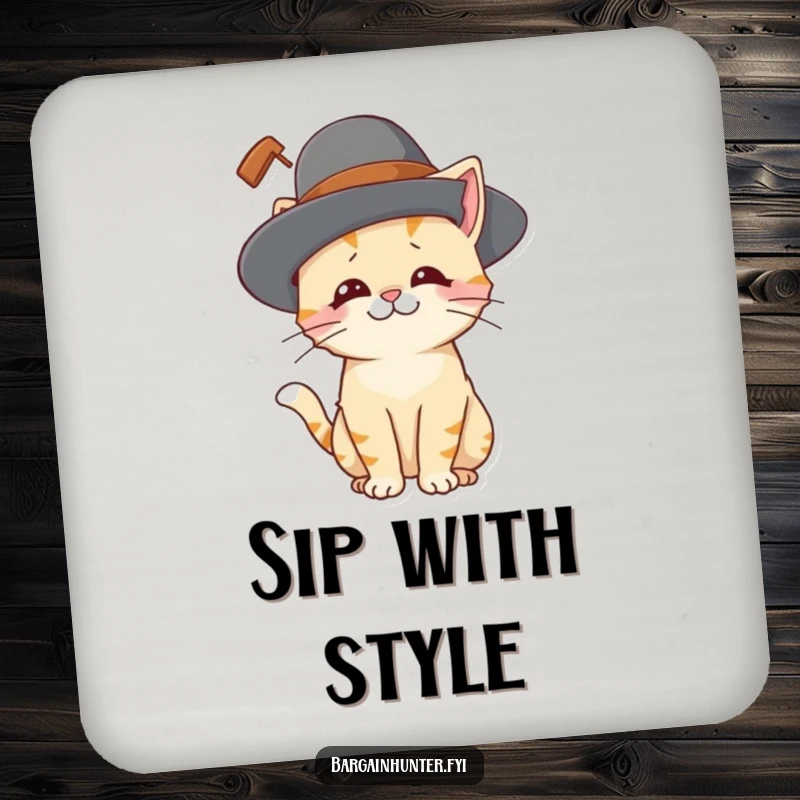 Funny cat coaster featuring a playful cat character looking amused while wearing a ridiculously large hat, perfect for protecting tables.