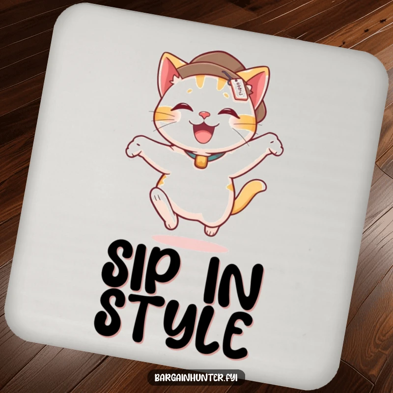 Funny coaster featuring a delighted cat wearing a price tag hat, in a funny leaping position.