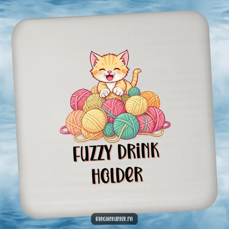 Funny kitten coaster featuring a playful kitten pouncing on a pile of discounted yarn balls.