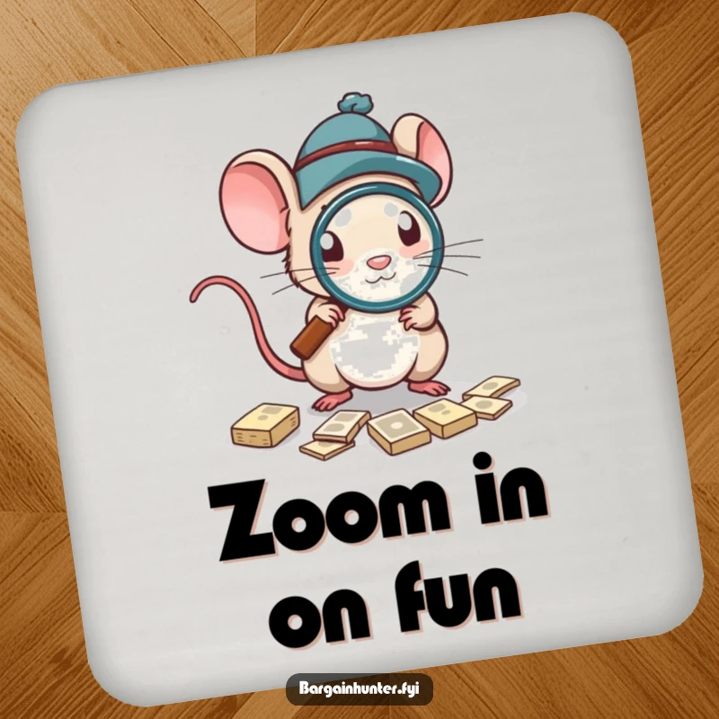 Funny Coaster featuring a mouse with a magnifying glass, protecting surfaces with a touch of humor.