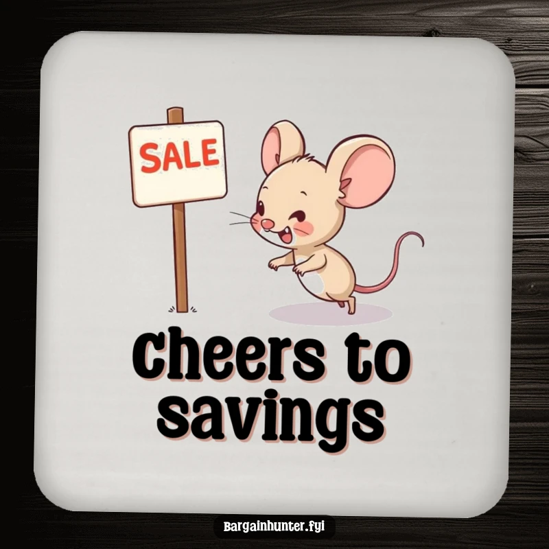 Funny coaster set featuring a grinning mouse character running towards a sale sign, a humorous and practical addition.