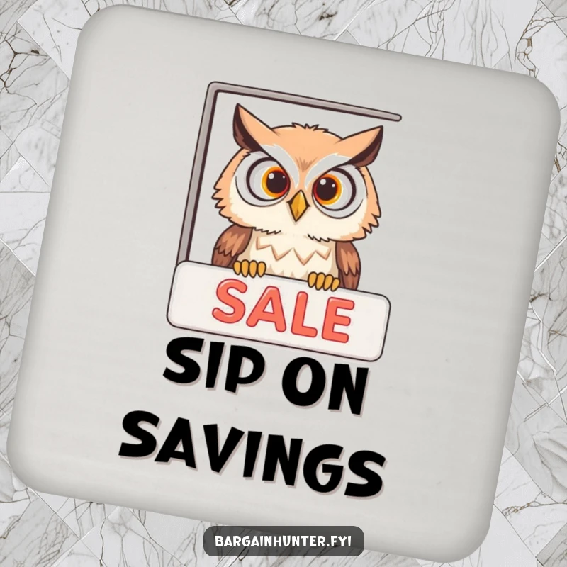 Funny curious owl peeking into a sale advertisement on a set of drink coasters, providing humorous surface protection.
