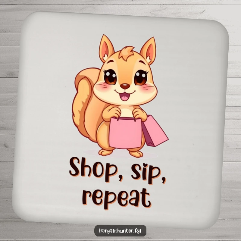 Funny Squirrel Drink Coaster: A happy squirrel with wide eyes holds a shopping bag, guarding your surfaces. Humorous and functional drink accessory.