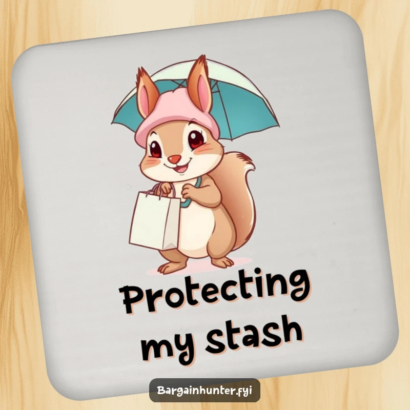 Funny squirrel wearing a shopping bag hat and holding an umbrella, guarding drinks with style and humor.