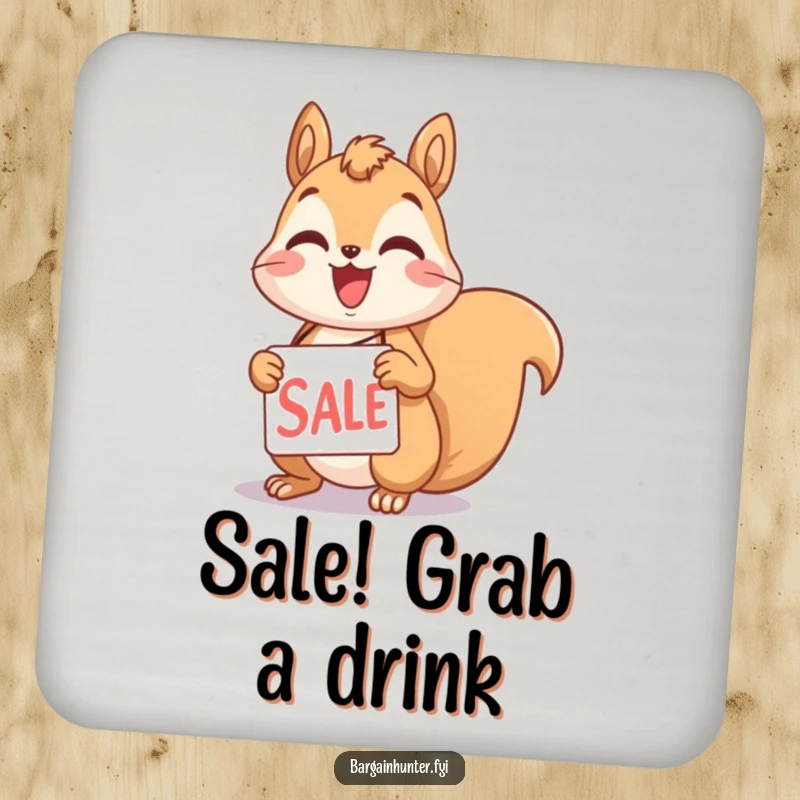 Funny squirrel coaster with a delighted character holding a sale tag, adding humorous protection to tabletops.