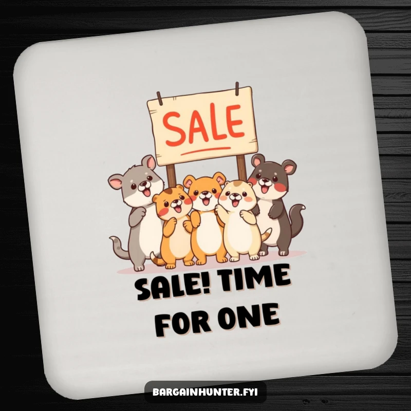 Funny animals pointing at a sale sign on a durable drink coaster, protecting furniture.
