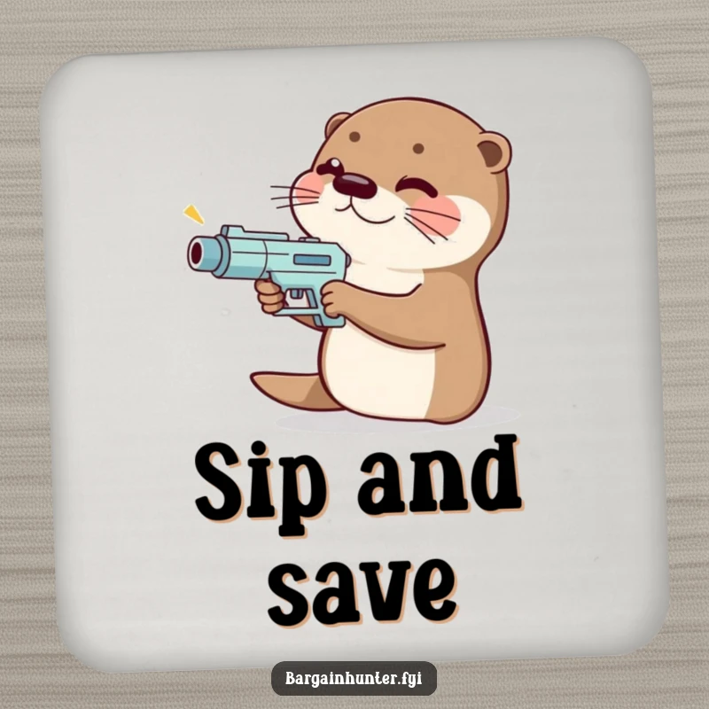 Funny giggling otter drink coaster holding a tiny price gun, aiming it, humorously protecting surfaces.