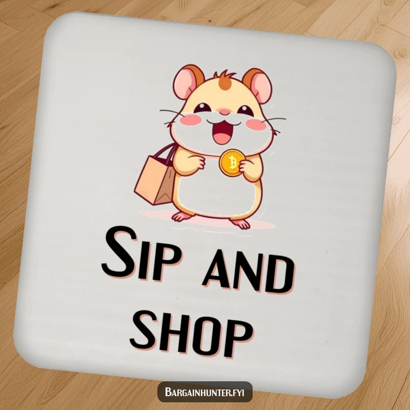 Funny excited hamster drink coaster with a shopping bag and coin, adding a touch of shopping fun.