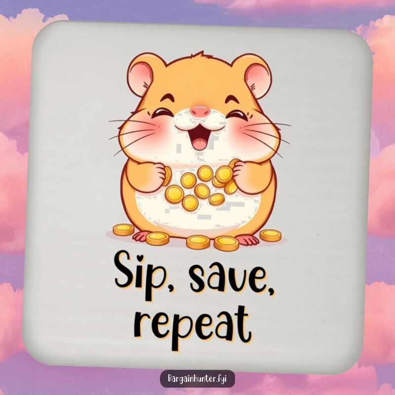 Funny Hamster Coaster: Smiling hamster with cheeks full of tiny gold coins, protecting surfaces with humor.